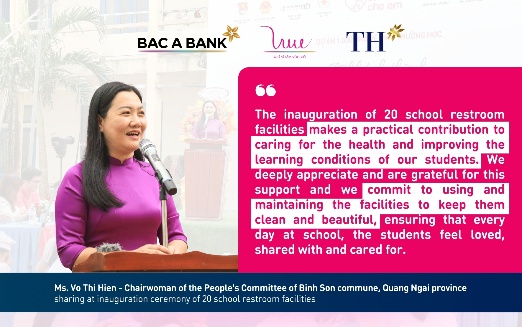 Ms. Vo Thi Hien - Chairwoman of the People's Committee of Binh Son commune, sharing at the inauguration ceremony of 20 school restrooms in the area